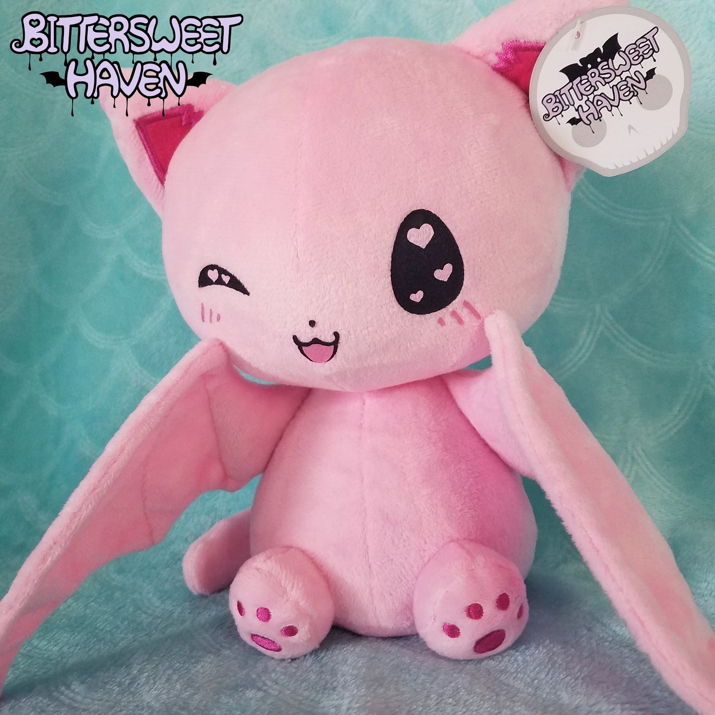 Pink Catbat Plushie - Heart Wink