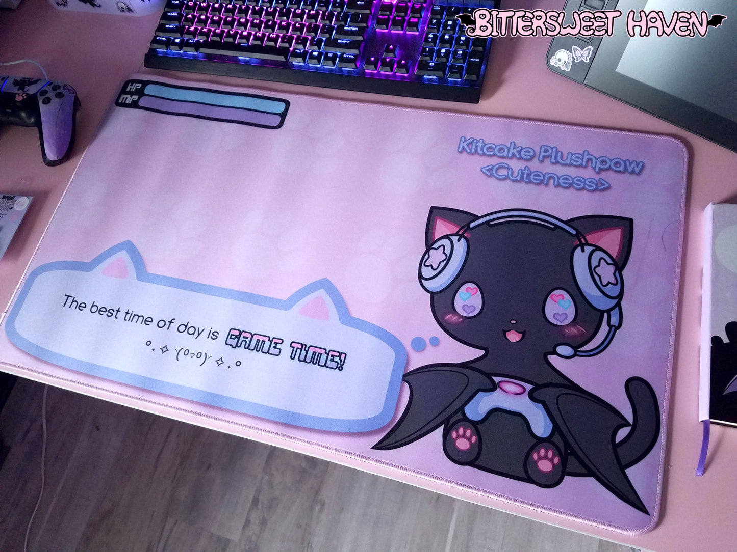 Catbat Gamer Mousepad 28x16 - The best time of day is game time!